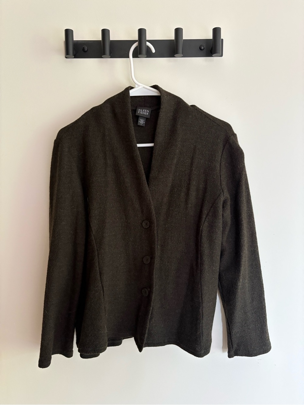 Eileen Fisher dark olive knit button-front cardigan